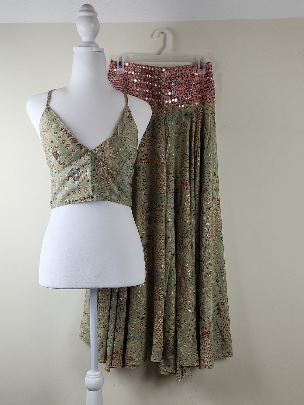 Bohemian Green Paisley Pants Sequin Waistband W Tie Top S M L, Silk Blend